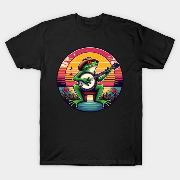 Frog Playing Banjo, Retro Sunset T-Shirt by MoDesigns22 